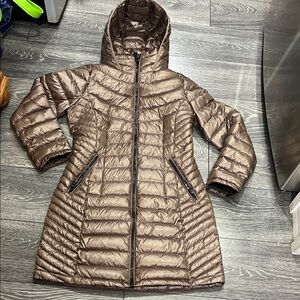 Calvin Klein Metallic Brown Hooded Puffer Coat